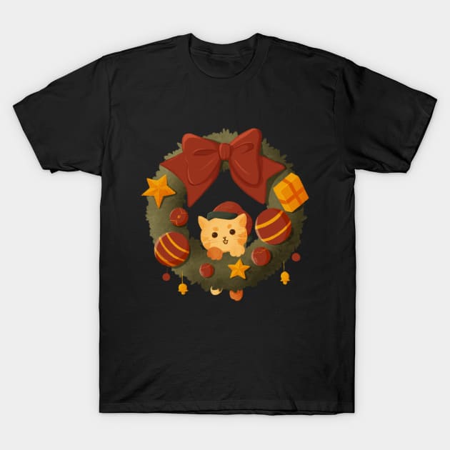 Christmas Cat with Christmas laurel wreath T-Shirt by yphien